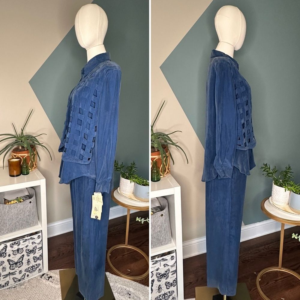 Vintage 90s Fiji Petite Silk Loungewear Set 2-Piece Blue Drawstring Pants S/XS - Picture 3 of 16